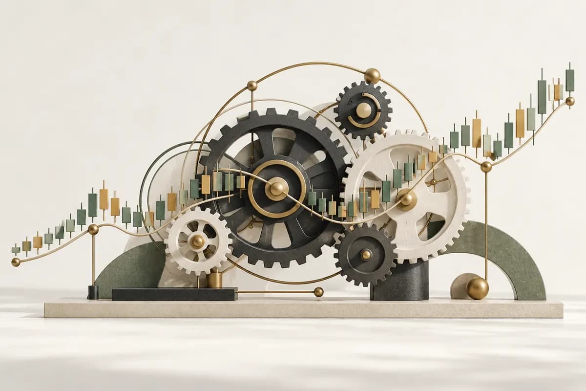 Illustration of mechanical wheels and a flowing market chart